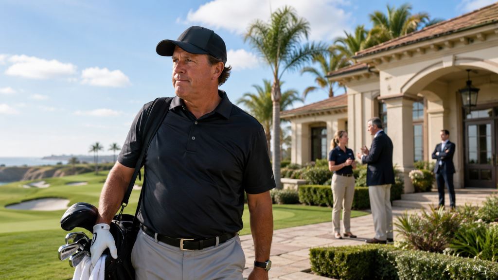 AI illustration: Phil Mickelson exits The Farms Golf Club after employee complaint and dispute over his departure