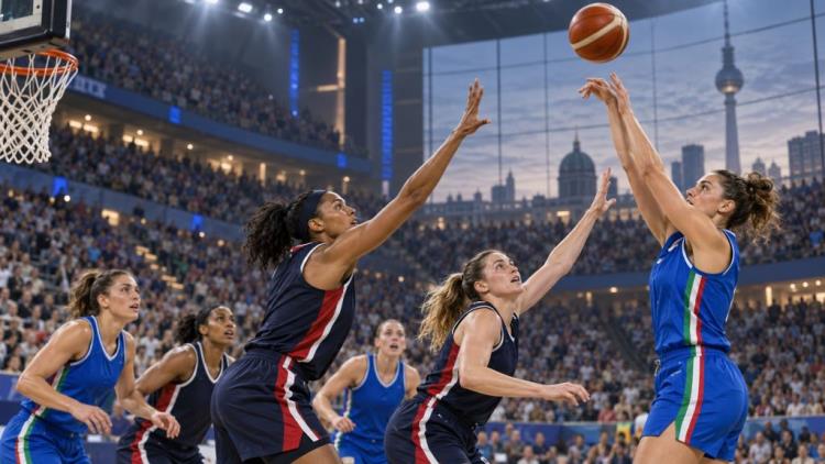 ilustración con IA: Estados Unidos supera a Italia 55-52 por la mínima y amplía a 32 su racha mundialista de victorias en Berlín