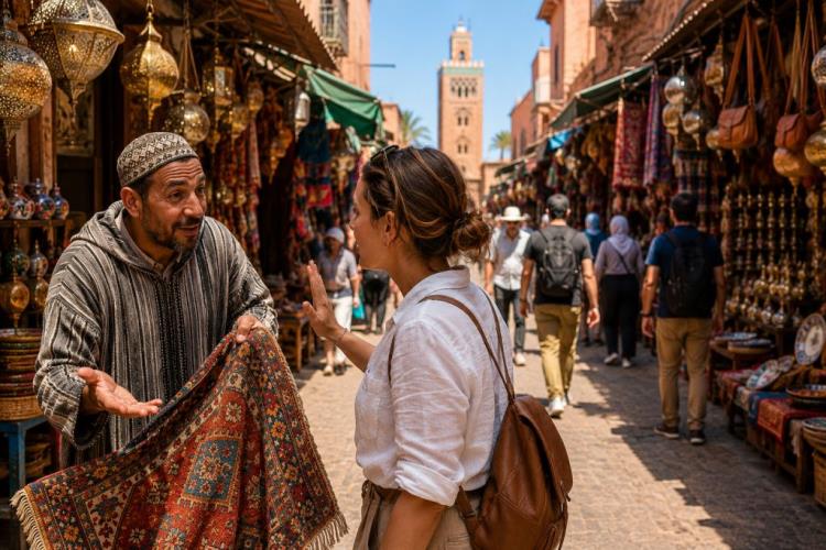 illustration IA: Marrakech sans achats sous pression : refuser, négocier, choisir un guide et parcourir la médina sans stress