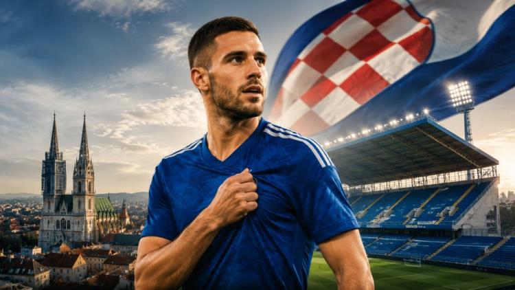 ilustración con IA: Luka Ivanušec regresa al Dinamo Zagreb tras Feyenoord, PAOK y tres años lejos del estadio Maksimir de Zagreb