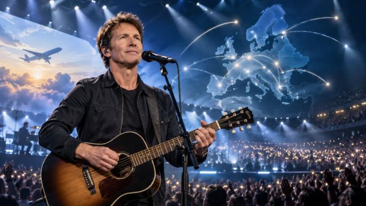 ilustracja AI: James Blunt ogłasza wielką europejską trasę "Airplane Mode" 2027 z ponad 30 koncertami arenowymi w wielu miastach
