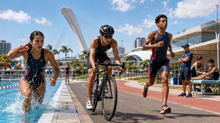 KI-Illustration: Panamerikanisches Entwicklungscamp in Paraguay für junge Triathleten auf dem Weg zu Dakar 2026 und Lima 2027