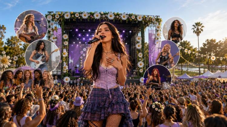 KI-Illustration: Daisy Chain Fields in Irvine: Olivia Rodrigo führt ausverkauftes Frauenfestival mit starkem Benefizfokus an