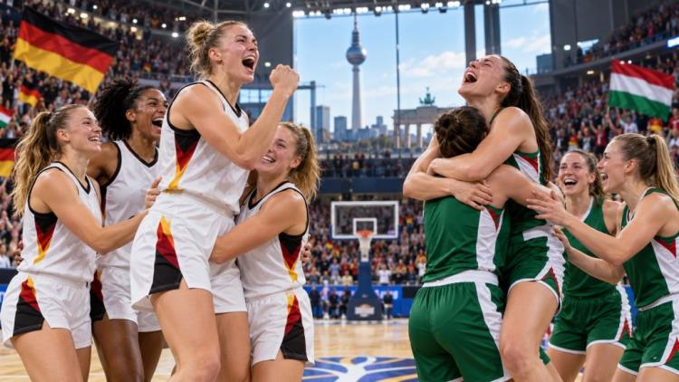 KI-Illustration: Deutschland und Ungarn im WM-Viertelfinale: Ungarinnen nach 40 Jahren wieder unter den besten acht Teams