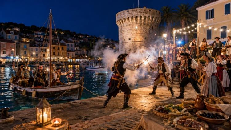AI illustration: Pirate Night in Veli Lošinj 2026: harbor battle, maritime heritage, local flavors and music by Lucky Band
