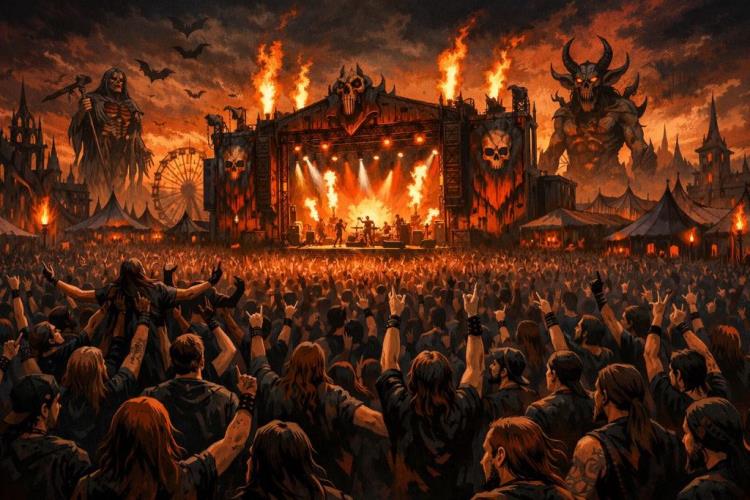 ilustracja AI: Bilety na Hellfest bilety na festiwal w Clisson z The Offspring, Bad Omens i mocnym niedzielnym finałem pod gołym niebem — Hellfest Festival, Clisson — niedziela, 21 czerwca 2026