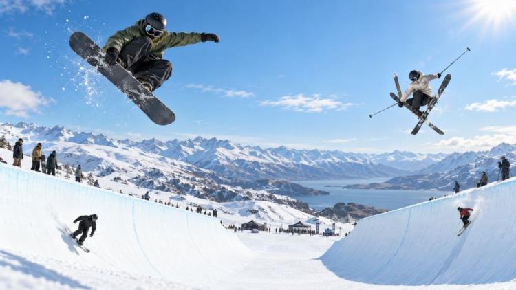 KI-Illustration: Snow League World Challenge in Cardrona startet mit neuem Teamformat, 16 Athleten und Halfpipe-Duellen