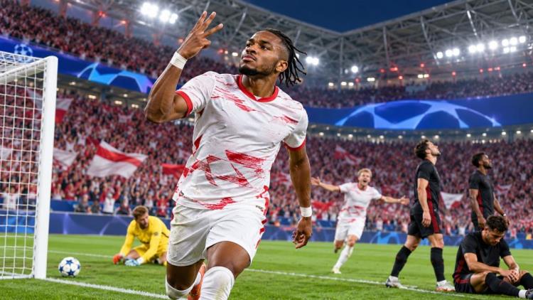 ilustración con IA: RB Leipzig golea 6-0 al Eintracht Frankfurt con triplete de Nkunku y prepara el duelo de Champions ante el PSV Eindhoven