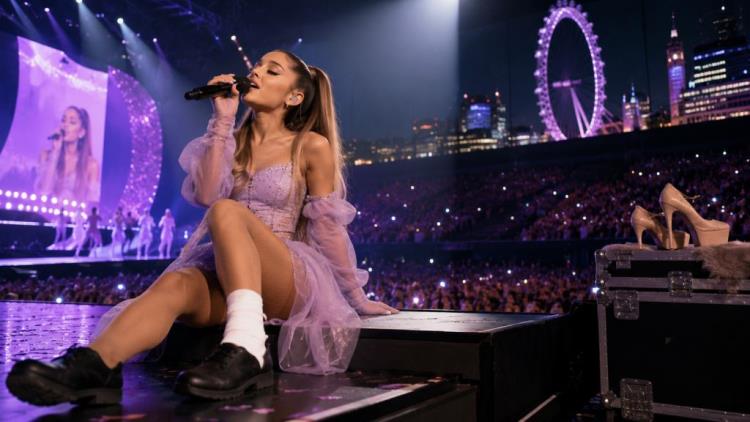 AI illustration: Ariana Grande heads into Eternal Sunshine Tour finale at London's O2 Arena despite painful foot injury