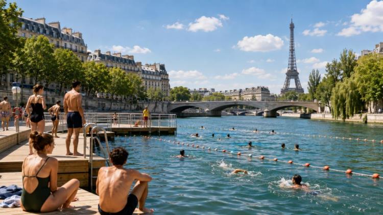 KI-Illustration: Paris für Rückkehr des Badens in der Seine geehrt: Olympia-Erbe, öffentliches Schwimmen und ökologische Sanierung