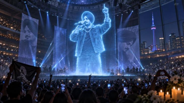 AI illustration: Sidhu Moose Wala hologram world tour begins in Toronto with a large-scale arena tribute production show