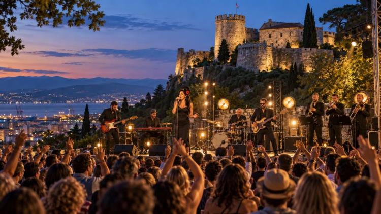 KI-Illustration: Ljeto na Gradini endet mit Two Days Late und The Amy Winehouse Band auf der Burg Trsat in Rijeka im September