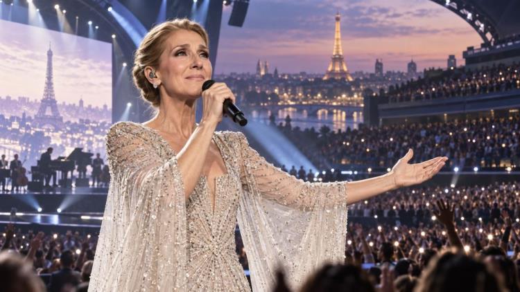 KI-Illustration: Céline Dions großes Paris-Comeback: erstes vollständiges Konzert nach mehr als sechs Jahren Bühnenpause