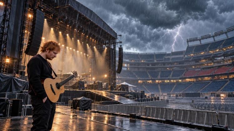 KI-Illustration: Ed Sheeran sagt zwei Konzerte in Foxborough wegen Unwetter ab, Loop Tour verliert beide September-Termine
