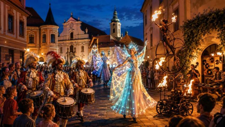 ilustración con IA: Špancirfest en Varaždin el 27 de agosto: fuego, teatro de calle, espectáculos y música en vivo por el casco histórico