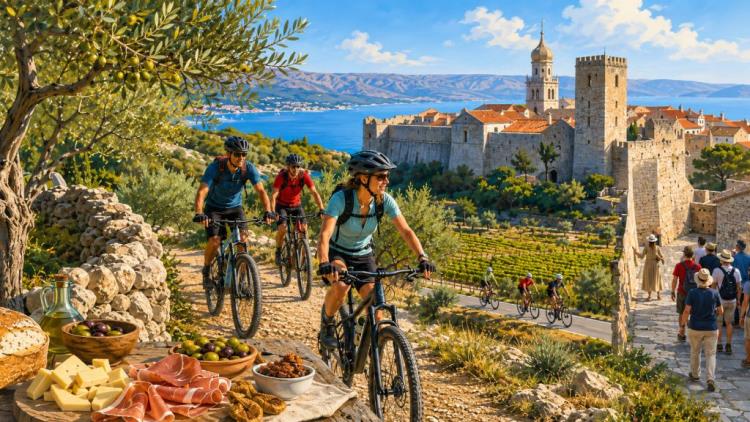 ilustración con IA: Septiembre en Krk 2026: rutas ciclistas gratis, paseos narrativos, sabores locales y salida del CRO Race