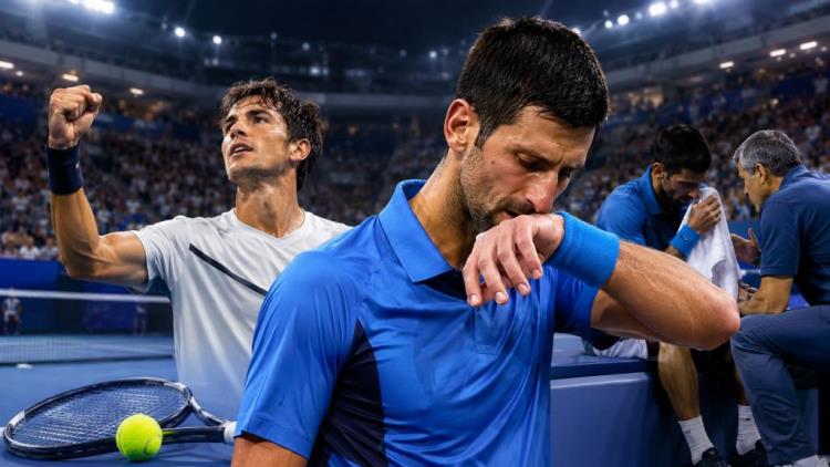 ilustracja AI: Đoković sensacyjnie odpada w 1. rundzie US Open po pięciosetowym maratonie z Mariano Navone w Nowym Jorku