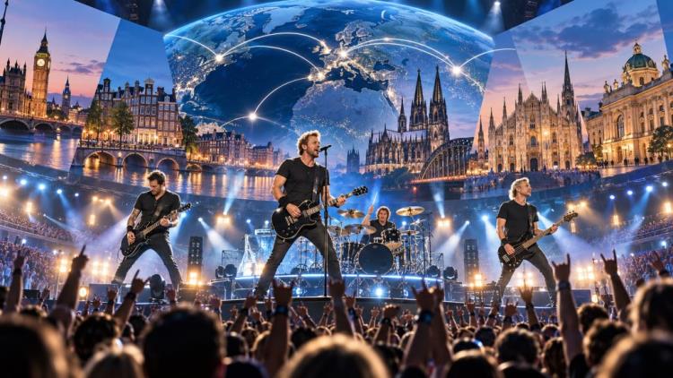ilustracja AI: Nickelback ogłasza trasę światową 2027: koncerty w Londynie, Amsterdamie, Kolonii i Łodzi z Don Broco