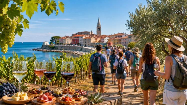 AI illustration: Wine & Walk by the Sea 2026 in Novigrad on 26 September: seven stops, local wine, food and a 10 km walk