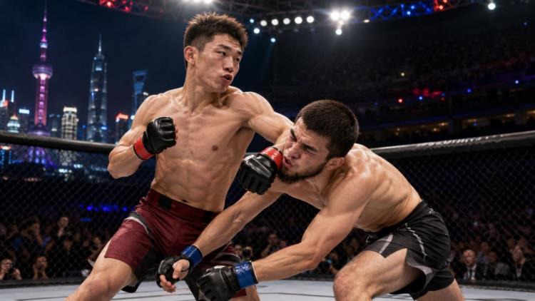 AI illustration: Song Yadong knocks out Umar Nurmagomedov in Shanghai and surges toward the top of the UFC bantamweight division