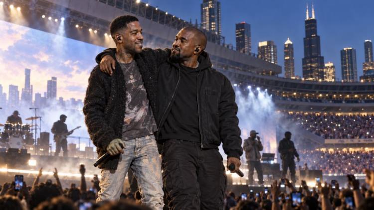 KI-Illustration: Kid Cudi und Kanye West wieder gemeinsam auf der Bühne in Chicago nach Jahren öffentlicher Konflikte