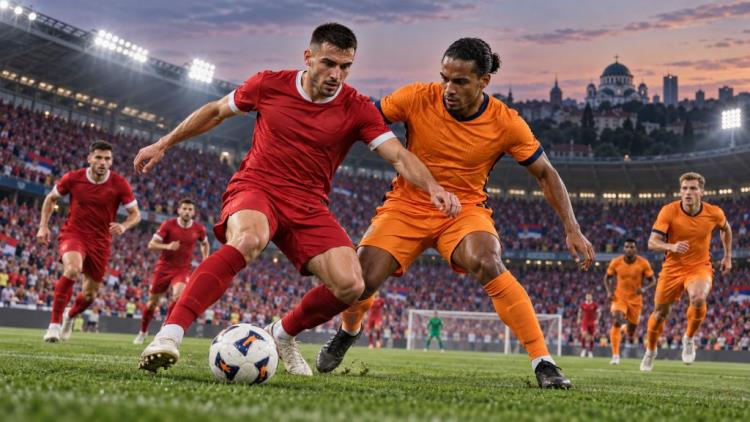 KI-Illustration: Serbien - Niederlande in Belgrad: wichtiges Nations-League-Duell im Stadion Rajko Mitić mit frühem Gruppendruck