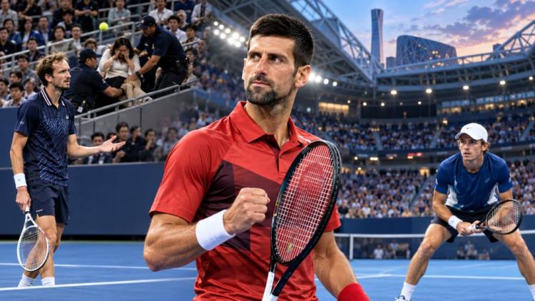 KI-Illustration: Novak Đoković erreicht nach Medvedev-Disqualifikation das China-Open-Finale gegen De Minaur um den Titel in Peking