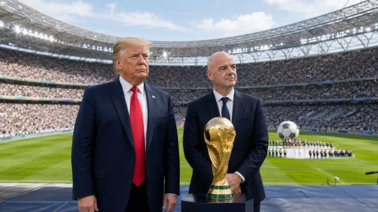 KI-Illustration: Donald Trump beim WM-Finale 2026 und die politische Dimension der FIFA-Trophäenübergabe in New Jersey
