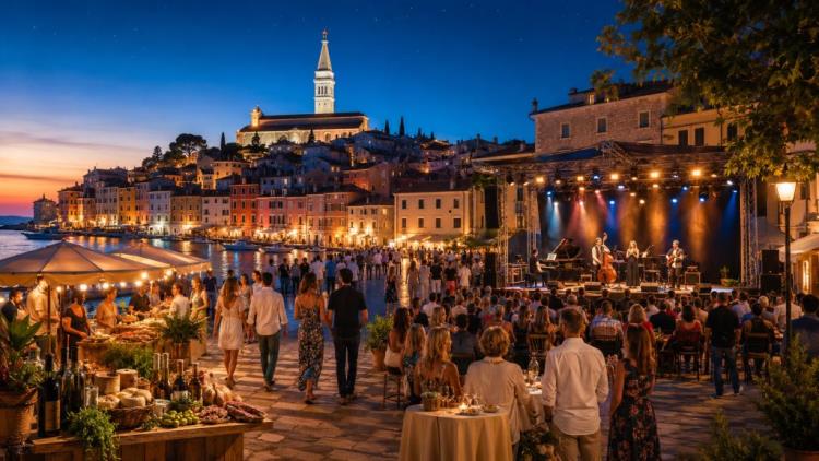 AI illustration: Eufemia Festival Rovinj 2026: Vesna Pisarović, Neno Belan, live music, local food and waterfront atmosphere