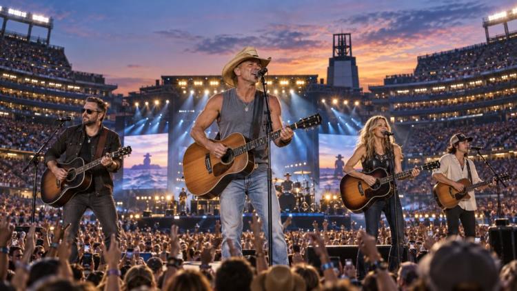 AI illustration: Kenny Chesney adds second Gillette Stadium show with Eric Church, Sheryl Crow and Greylan James in Foxborough