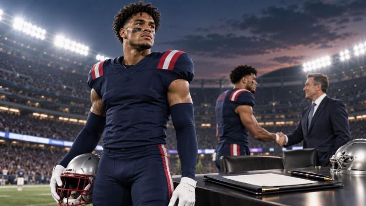 KI-Illustration: Christian Gonzalez erhält Rekordvertrag bei den Patriots über 135 Millionen Dollar und setzt NFL-Maßstab