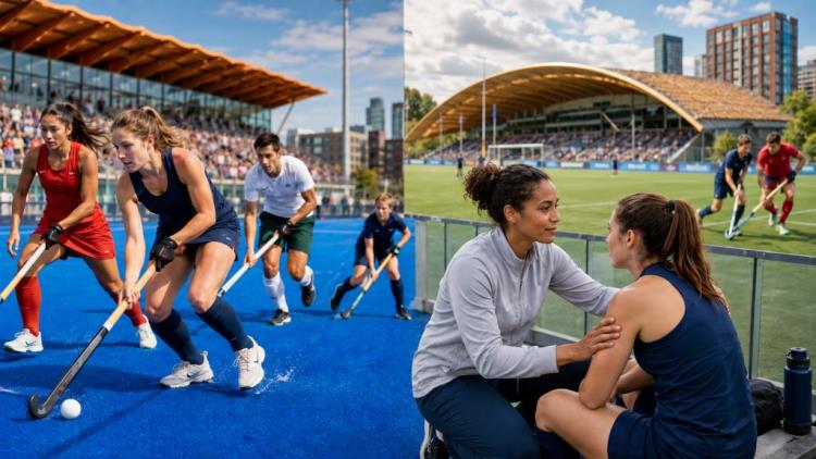 AI illustration: FIH athlete safeguarding push before the 2026 Hockey World Cup in Belgium and the Netherlands with youth focus