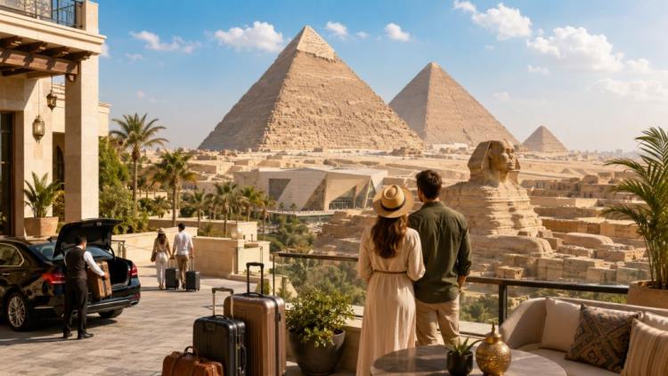 AI ilustracija: Giza 2026: vodič kroz smještaj, hotele, apartmane, parking, cijene, piramide i Grand Egyptian Museum