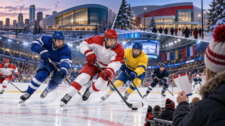 KI-Illustration: World Juniors 2027: Spielplan für Edmonton und Red Deer steht, Einzelkarten-Verkauf startet im September