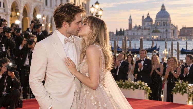 ilustración con IA: Robert Pattinson y Suki Waterhouse en Venecia: besos en el estreno de "Primetime" atraen todas las miradas