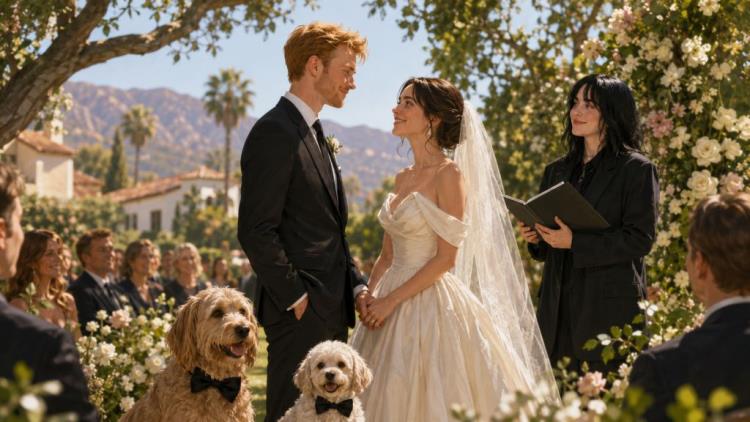 AI illustration: Finneas marries Claudia Sulewski in Montecito as Billie Eilish officiates their star-filled wedding ceremony