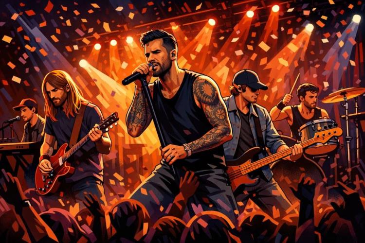 KI-Illustration: Tickets für Maroon 5 Tickets für Santiago de Compostela und Popabend am Monte do Gozo mit warmer Festivalenergie — Monte do Gozo, Santiago de Compostela — Samstag, 11. Juli 2026
