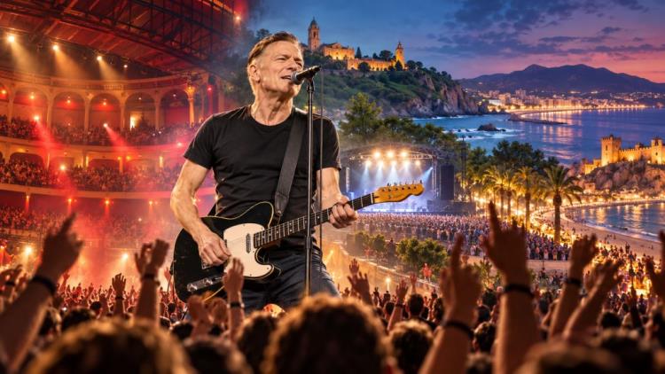 KI-Illustration: Bryan Adams kündigt drei neue Konzerte in Spanien für August 2027 an: Pamplona, Gijón und Fuengirola