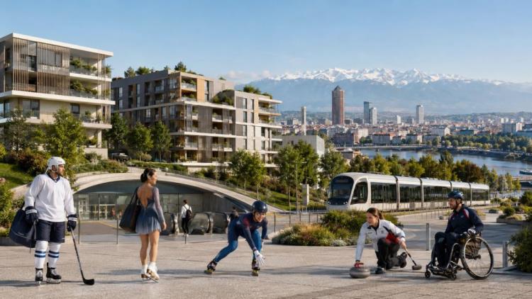 KI-Illustration: Französische Alpen 2030 wählen La Saulaie bei Lyon als Olympisches Dorf für Athleten im Eissport der Spiele