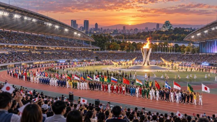 ilustración con IA: Juegos Asiáticos Aichi-Nagoya 2026: ceremonia en Mizuho Park, 43 deportes y 54 sedes deportivas en Japón