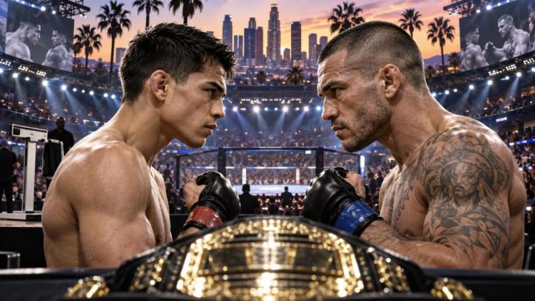 KI-Illustration: UFC 331 in Los Angeles: Joshua Van und Alexandre Pantoja bereit für den Rückkampf um den Fliegengewichtstitel