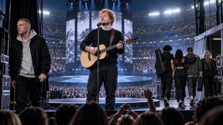 ilustración con IA: Ed Sheeran pierde a todos sus teloneros tras la salida de Macklemore de la gira 'Loop' por la disputa sobre actuaciones