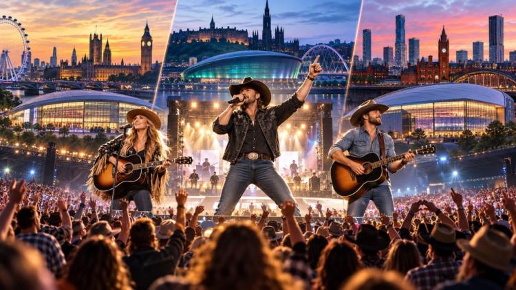 KI-Illustration: C2C 2027 nennt Jelly Roll, Ashley McBryde und Riley Green als Headliner und erweitert das Festival nach Manchester