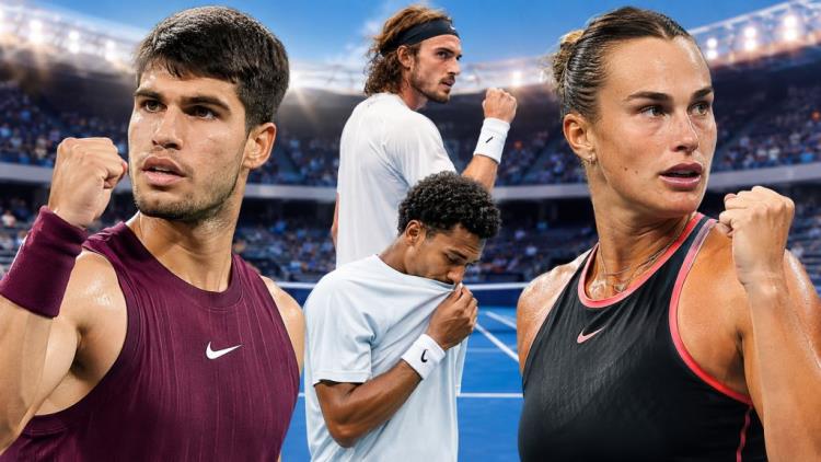 KI-Illustration: Alcaraz und Sabalenka starten Titelverteidigung bei den US Open, Tsitsipas wirft Fils nach Comeback früh raus