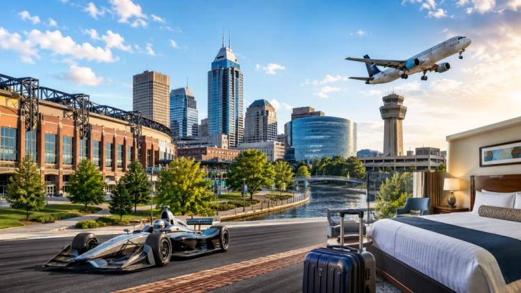 ilustracja AI: Indianapolis 2026: hotele, dzielnice, parking, transport i praktyczne wskazówki dla odwiedzających miasto