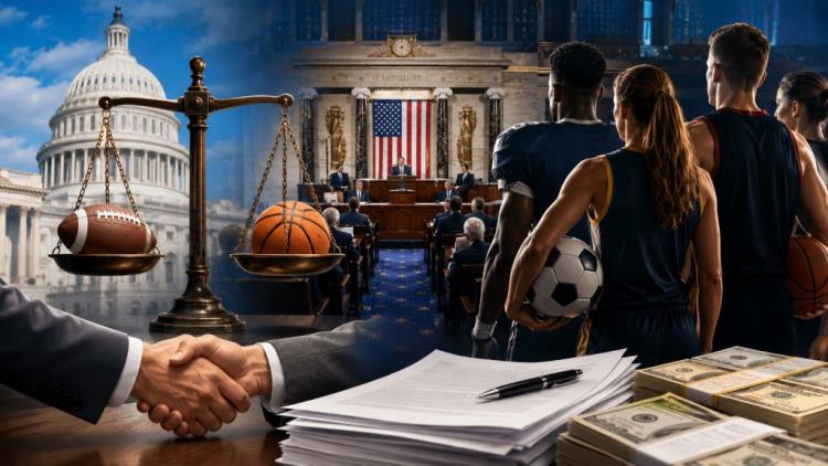 KI-Illustration: Vertagung der großen College-Sport-Reform im US-Senat: Abstimmung über Protect College Sports Act im September