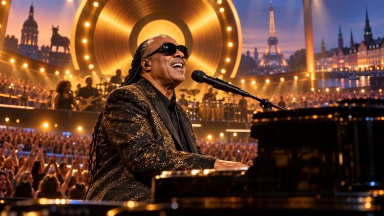 KI-Illustration: Stevie Wonder startet Jubiläumstour zu Songs in the Key of Life in Birmingham mit Konzerten in Paris und Kopenhagen