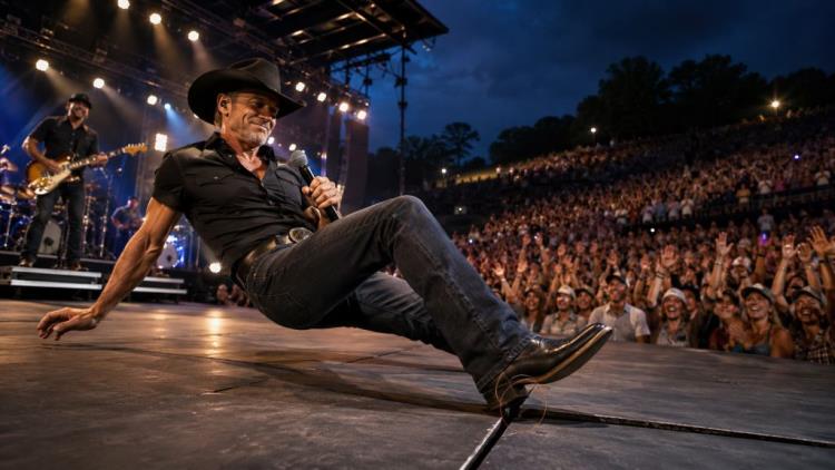 AI illustration: Tim McGraw falls onstage in Cincinnati, gets right back up and continues his Pawn Shop Guitar Tour concert