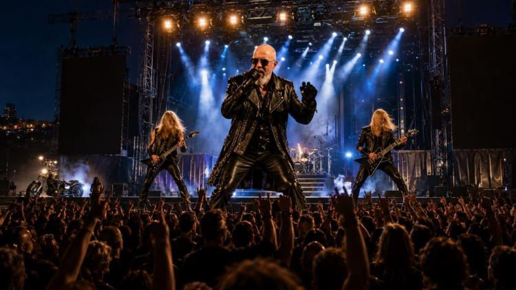 AI illustration: Judas Priest return to Belgrade's Ušće after 11 years with metal classics, a stage blackout and Faithkeepers 2026