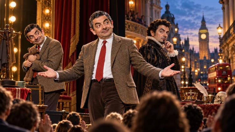 KI-Illustration: Rowan Atkinsons Rückkehr mit einer Sketch-Revue ins West End nach 40 Jahren: 30 Aufführungen von Rowan Live 2027